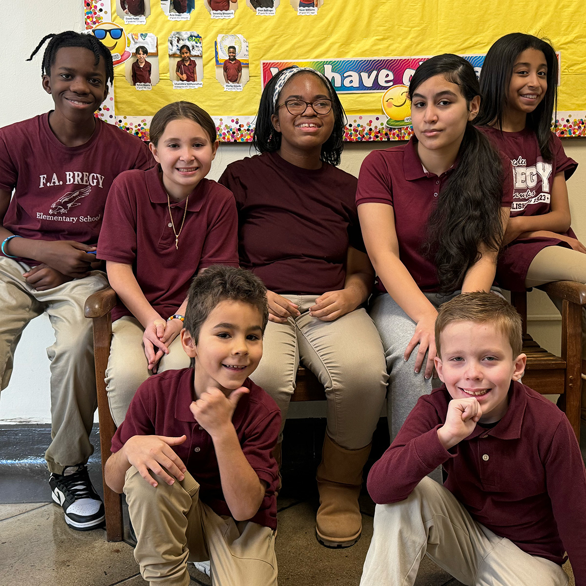 Bregy Students Celebrate Together A group of elementary school students smile and pose together